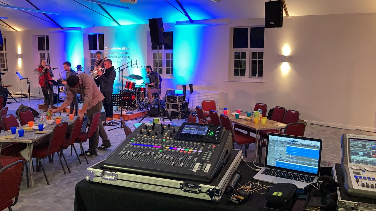 Mixing position set up in a church hall for The Roots of Jazz