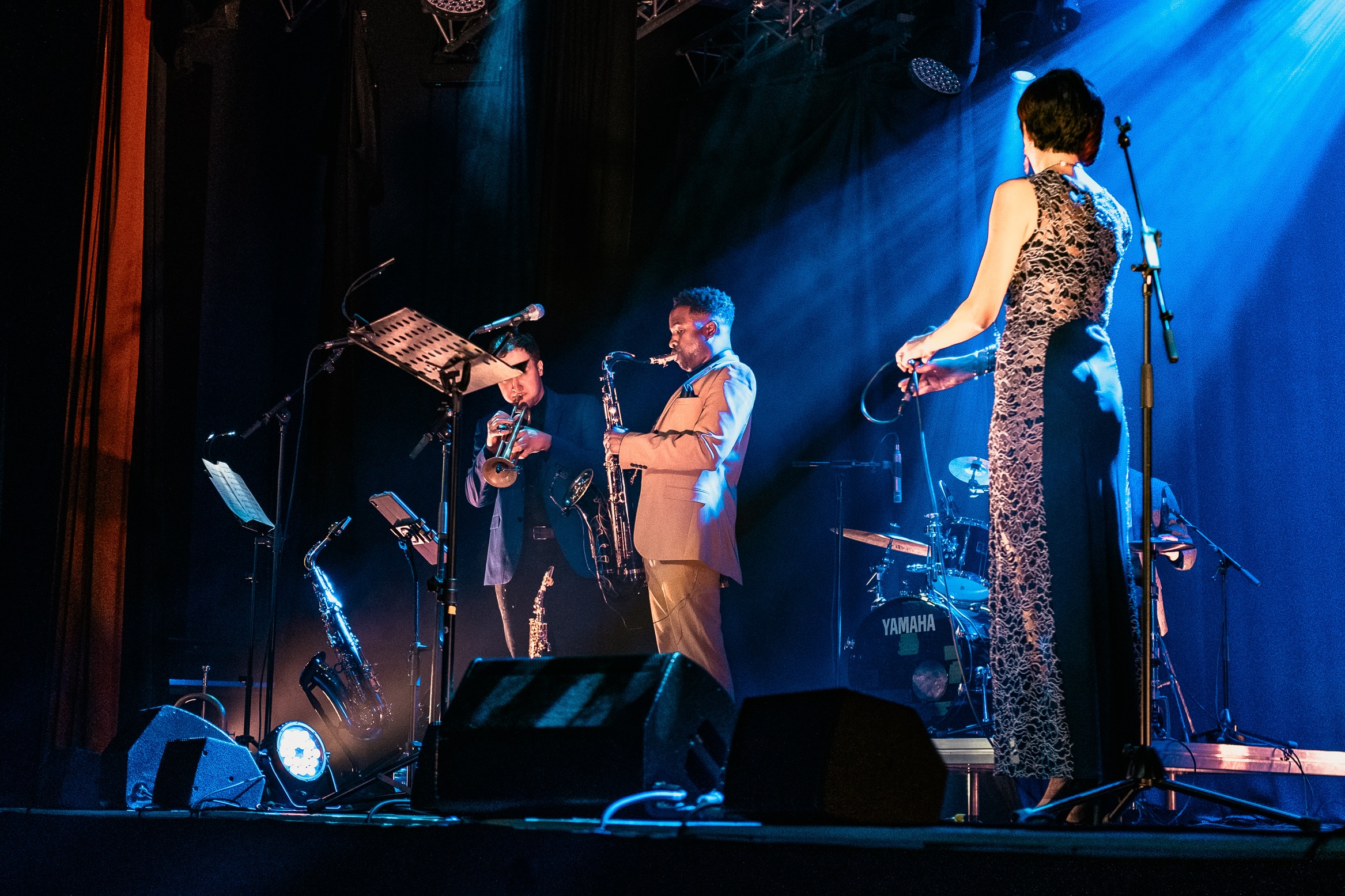 The Roots of Jazz band performing under blue stage lighting