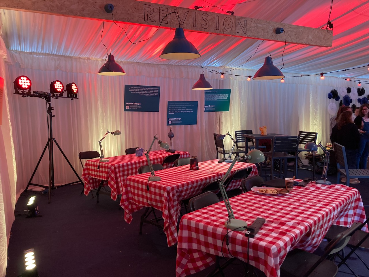 Three tables with red and white checked table cloths, anglepoise lamps on the tables and vintage lamps hung above